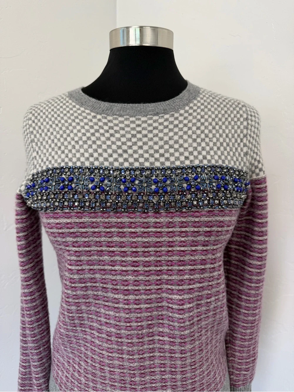 J. Crew Collection Cashmere Blend Mauve Gray Beaded Fair isle Nordic Sweater